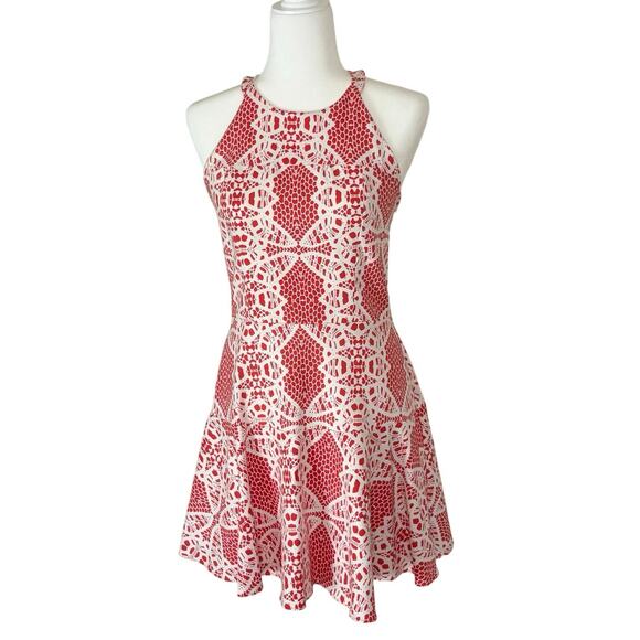 Parker Leona Dress Women's M Coral/Cream Print Mini, Halter, Fit & Flare - Picture 1 of 11